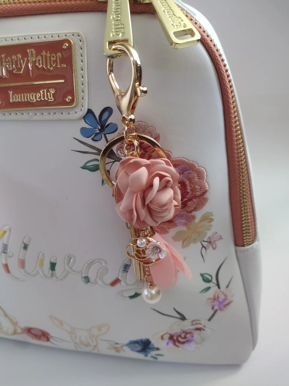 Pink Rose Flower Tassel Keychain Purse Charm Gold Tone Pearl Bag Charm